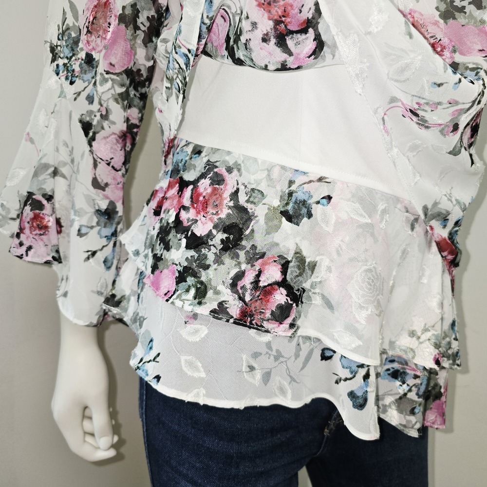 Alex Evenings Blouse Top Brocade Floral Layered Ruffle 3/4 Slv Cocktail Size L - Picture 7 of 9
